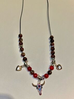Red & Brown Beaded Bull Skull Pendant Necklace w/Rhinestone Hearts & Accents